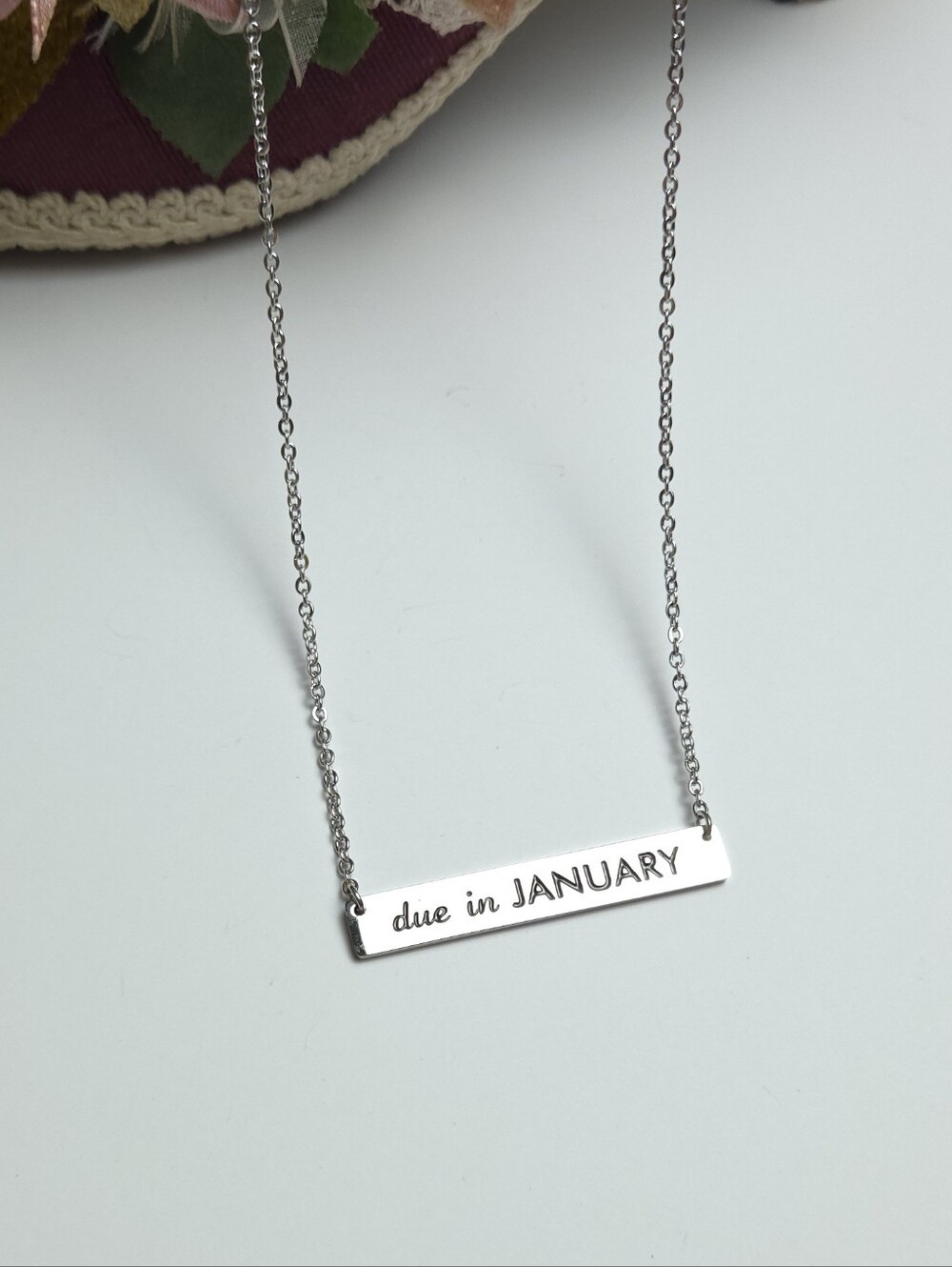 Silver Plated Due in January Bar Pendant Necklace Pregnancy Baby Shower Gift